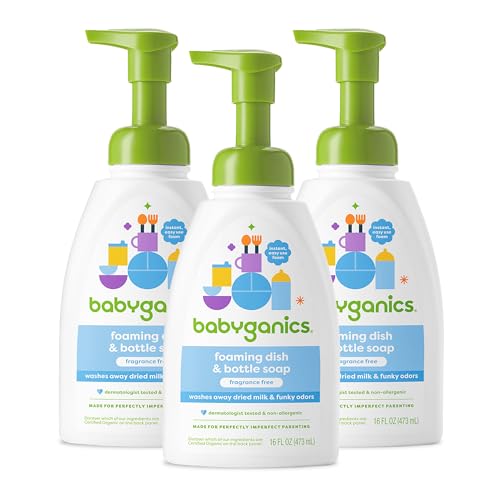 Babyganics Foaming Dish & Bottle Soap, Pump Bottle, Fragrance Free, Plant-Derived Cleaning Power, Removes Dried Milk, 16 Fl Oz, (Pack of 3), Packaging May Vary