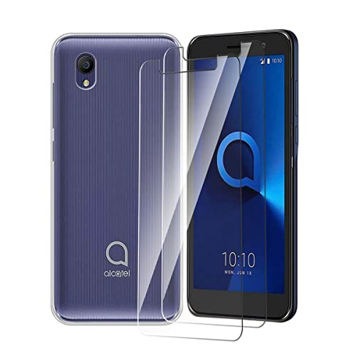 LAWEI Case for Alcatel 1 2021 + [2 Pack] Glass Screen Protector Tempered Film - Transparent Silicone Soft TPU Protective Cover Shell for Alcatel 1 2021 (Clear