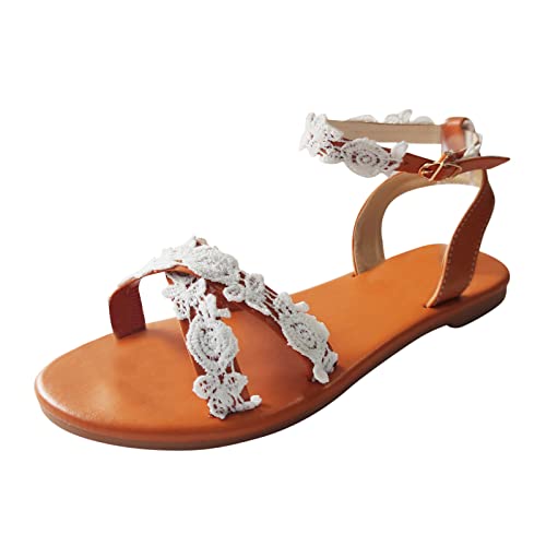 Women's Flat Sandals With Lace Casual Walking Thong Sandals with Rhinestone Comfort Elastic Slip-on Lightweight Slingback White_06, 9