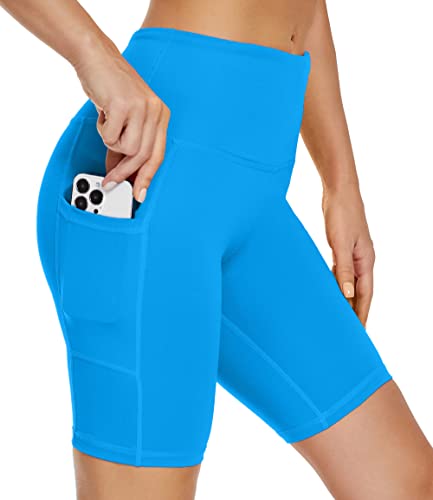 Custer's Night High Waist Out Pocket Yoga Short Tummy Control Workout Running 4 Way Stretch Yoga Leggings (Light Blue, S)