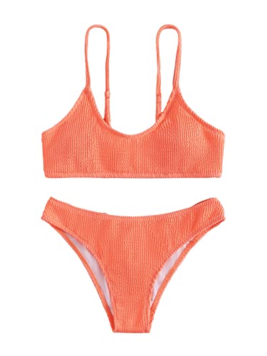 SOLY HUX Bikini Sets for Women Solid Textured Bikini Bathing Suits 2 Piece Swimsuit Solid Coral Orange S
