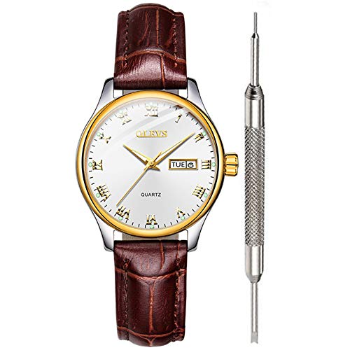 OLEVS Brown Leather Watch Women White Ladies Wrist Watches for Women Waterproof Calendar Analog Quartz Women Watch with Classic Unique Couples Watch