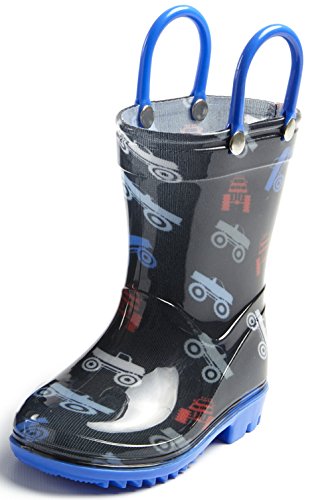 Puddle Play Toddler and Kids Rain Boots with Easy On Handles - Boys Blue Monster Truck Design Size 7 Toddler