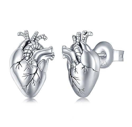 Daixiya Anatomical Heart Earrings 925 Sterling Silver Black Anatomical Heart Stud Earrings Halloween Jewelry Gifts for Women men Girls