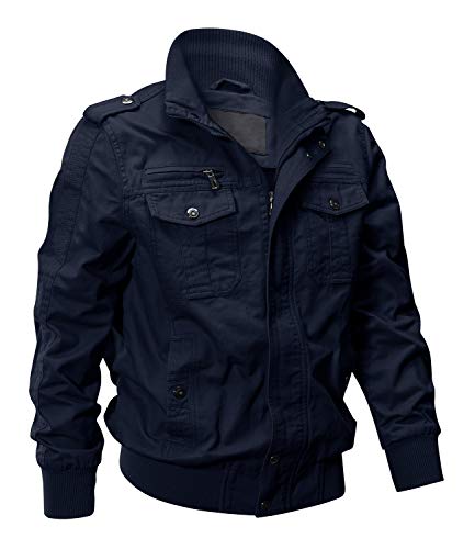 EKLENTSON Men's Cotton Collar Casual Button Military Cargo Jacket Outwear Winter Coat Men Army Jacket Blue