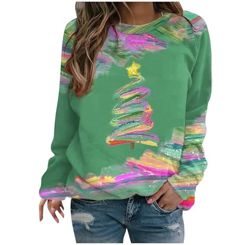Ceboyel Women Christmas Tree Sweatshirt Funny 2023 Pullover Shirts Long Sleeve Sweater Tops Trendy Xmas Friends Gifts Clothes Womens Fashion Sweaters 2023 Green Xl