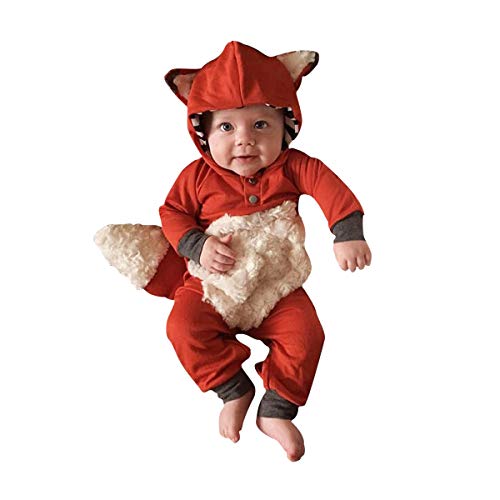 Newborn Baby Girl Boy Halloween Cosplay Cartoon Clothes Fox Coat Fur Bodysuit Jumpsuit Hooded Playsuit Romper (Orange, 0-3 Months)