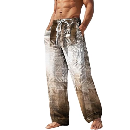 MYNKYLL Men's Trousers Beach Pants Drawstring Elastic Waist 3D Print Stripe Graphic Prints Summer Pants (A6-Khaki, S)