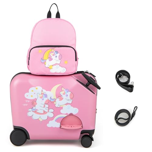 Goplus 2 PCS Kid Luggage, 18” Ride on Suitcase W/Spinner Wheels, 12” Backpack W/Anti-Lost Rope, Carry Strap, Sit on Rolling Carry on Luggage Set for Girls Boys Travel (Pink Unicorn)