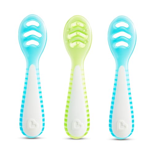 Munchkin Gentle Dip Multistage First Spoon Set for Baby Led Weaning, Self Feeding, Solids & Purees, 3 Pack, Blue/Green