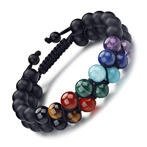 Mens Crystal Bracelet, GENASTO 7 Chakra Bracelet with Real Stones Tigers Eye Obsidan Amethyst Malachite Amazonite Lapis Lazuli Red Agate Beads Bracelets for Multi Healing Protection Balance