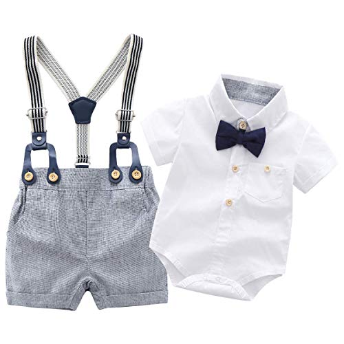 Newborn Baby Boys Gentleman Outfits Suits, Infant Short Sleeve Shirt+Bib Pants+Bow Tie Overalls Clothes Set,18-24M White