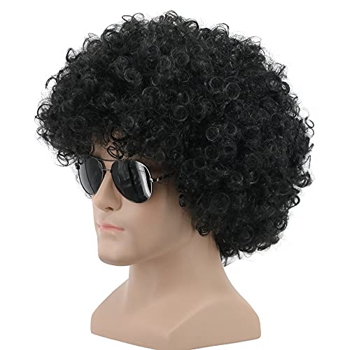 yuehong Short Black Fluffy Disco Afro Wigs Synthetic Anime Cosplay Fancy Funny Wigs for Unisex Men Women Wigs (Black)