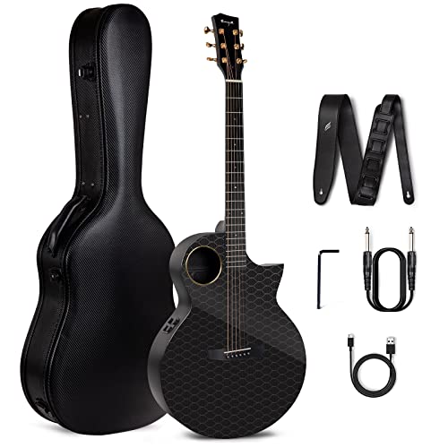 Enya Acoustic Electric Guitar Carbon Fiber X4 PRO AcousticPlus 41” 4/4 Sized Guitar Bundle with Hard Case, Leather Strap, Instrument Cable & USB Type-C Charging Cable(X4 PRO)