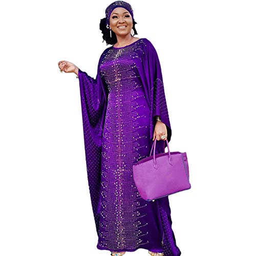 HD African Dress for Women Bead Purple Gown Rhinestone Kaftan Maxi Dress One Size Fit All