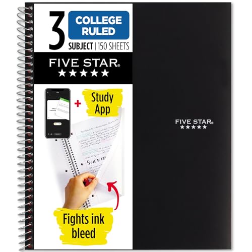 Five Star Spiral Notebook + Study App, 3 Subject, College Ruled Paper, Fights Ink Bleed, Water Resistant Cover, 8-1/2' x 11', 150 Sheets, Black (72069)