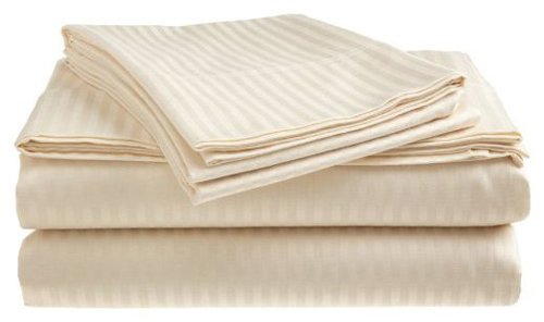 CrystalTowels Microfiber Bed Sheets Set - 4-Piece Soft Sheet Set, Stripe Pattern w/Sateen Finish, King Size Sheets Deep Pocket Set - Beige