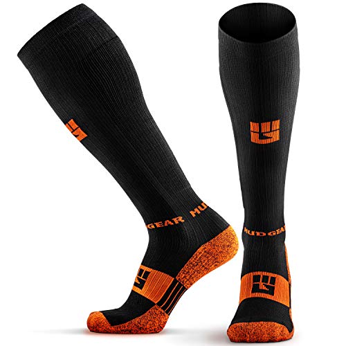 MudGear Compression Socks - Graduated Compression Socks for Women & Men for Sport, Flight, Pregnancy, Circulation and Recovery - Black/Orange Large Long Compression Socks with 15-20 mmhg