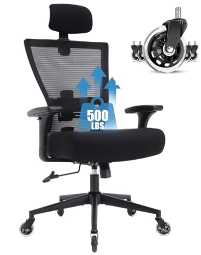 Fantasylab Big and Tall Office Chair 500LBS Ergonomic Office Chair for Heavy People with 3D Armrest, Quiet Rubber Wheels, Adjustable Lumbar Support, Headrest Heavy Duty Metal Base Mesh Chair