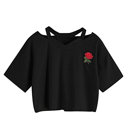 BCDshop Women Teen Girls Embroidery Rose Crop Top Tees Short Sleeve V Neck T-Shirt (M, Black)