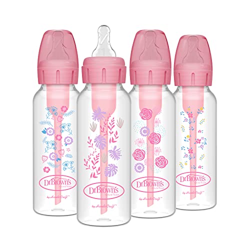 Dr. Brown's Natural Flow Anti-Colic Options+ Narrow Baby Bottles, Floral Designs, 8oz/250mL, with Level 1 Slow Flow Nipples, Pink, 0m+, 4 count(Pack of 1)