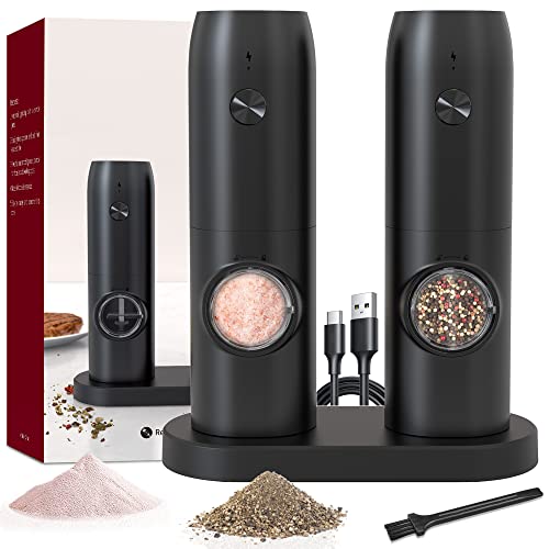 Electric Salt and Pepper Grinder Set of 2,automatic pepper mill,USB rechargeable,Adjustable Coarseness,One-handed operation,ceramic burr,refillable,Auto grinders with charging base LED light