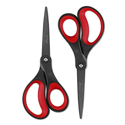 LIVINGO 2 Pack 8' Titanium Non-Stick Scissors, Professional Stainless Steel Comfort Grip, All-Purpose, Straight Office Craft Scissors for DIY(Red/Black)