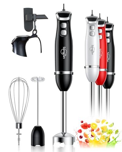 Sangcon Immersion Blender Handheld, 3-in-1 Hand Blender Electric, 400W Handheld Blender, Stainless Steel Blade Stick Blender with Whisk, Milk Frother Attachments - Black