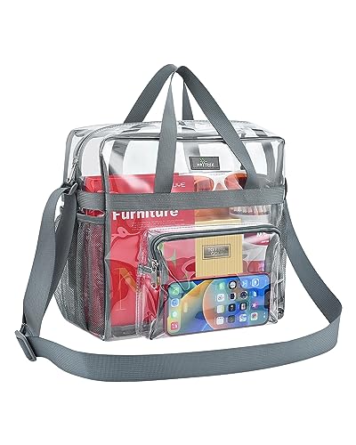 MAY TREE Clear Bag Stadium Approved 12×6×12 for Women, Large Clear Tote Lunch Bag with Reinforced Shoulder Straps for Concert Outfits and Festival - Grey