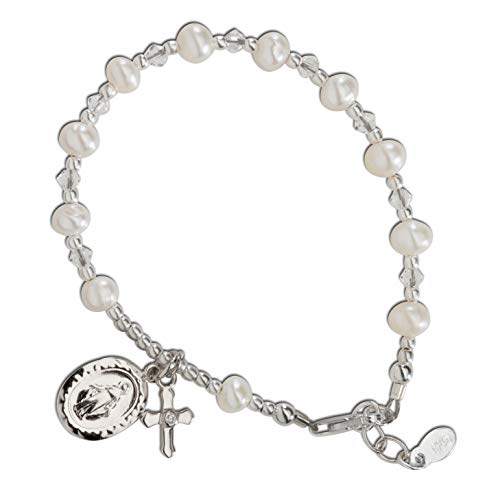 Precious Pieces Girl's Sterling Silver First Communion Gift Rosary Bracelet with White Cultured Pearl and Miraculous Medal (6-6.5')