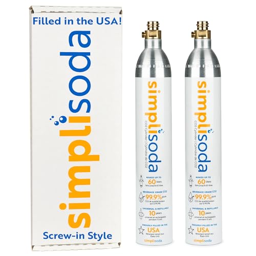 Simpli Soda 60L CO2 Canister Cylinders - Compatible w/Sodastream BLUE Screw-In Only, Ninja Thirsti, Philips, and More - Threaded Style Soda Streaming Machine CO2 Tanks Gas Refill, | 14.5 oz, Set of 2