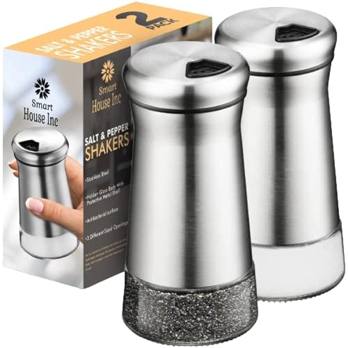 The Original Salt and Pepper Shakers set - Silver- Spice Dispenser with Adjustable Pour Holes - Stainless Steel & Glass Set of 2 Bottles