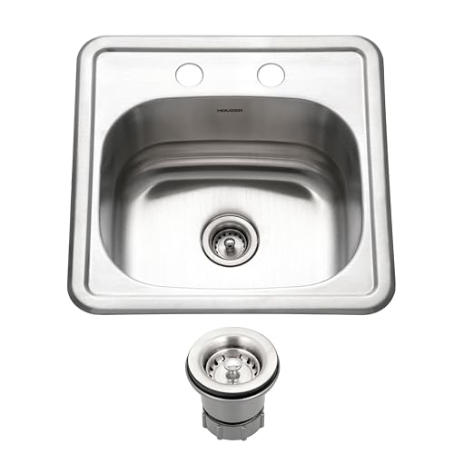Houzer Stainless Steel 1515-6BS-C Hospitality Series Bar Prep Sink - Topmount 15' Single Bowl Sink, 2 Hole, Corrosion Resistant Stainless Steel, Easy to Clean Satin Finish, Includes Basket Strainer