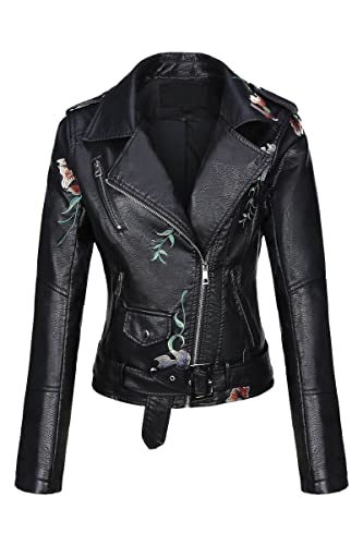 Bellivera Spring Faux Leather Jacket For Women Womens Long Sleeves Winter Faux Leather Embroidery Floral Zipper Jacket,Black1702020,Medium