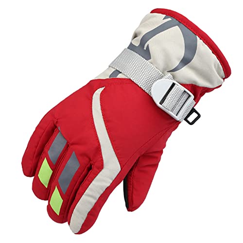 AMIMOJY 2023 Outdoor Ski Windproof Gloves Winter Snow Kids Warm Skating Snowboarding Kids Gloves & Mittens Boy Thermal (Red, One Size)