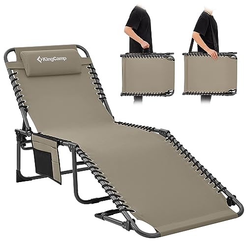 KingCamp Folding Chaise Lounge Chair for Outside Beach, Sunbathing, Patio, Pool, Lawn, Deck, Lay Flat Adjustable 5-Position Portable Heavy-Duty Camping Reclining Lounge Chair with Pillow, Beige