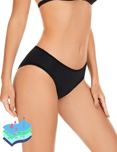 OVRUNS Period Swimwear Leakproof Bikini Brief Bottoms Waterproof Menstrual Swim Bottoms for Teens, Girls, Women Black II S