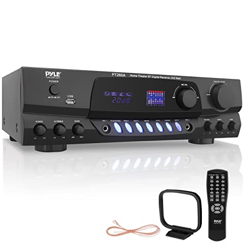 Pyle 200W Home Audio Power Amplifier - Stereo Receiver w/ AM FM Tuner, 2 Microphone Input w/ Echo for Karaoke, Great Addition to Your Home Entertainment Speaker System, 17 inches - PT260A, Black