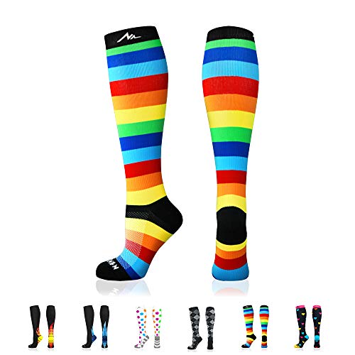 NEWZILL Medical Compression Socks for Women & Men Circulation 20-30 mmHg, Best for Running Athletic Hiking Travel Flight Nurses (Rainbow Stripes, L/XL)