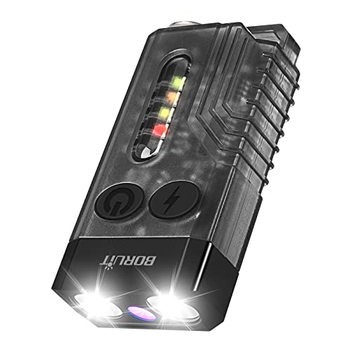 BORUIT V10 Small Powerful Flashlight with 365nm UV Black Light - Super Bright 1000 LM, USB C Rechargeable LED Keychain IPX4 Pocket Flash Light with COB Side Light, Magnet Buzzer- 12 Modes