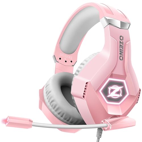Ozeino [2024 New] Gaming Headset for PS4, PS5, PC, Xbox One Controller, Noise Cancelling Over Ear Headphones with Mic, LED Light, Bass Surround, Soft Memory Earmuffs -Pink