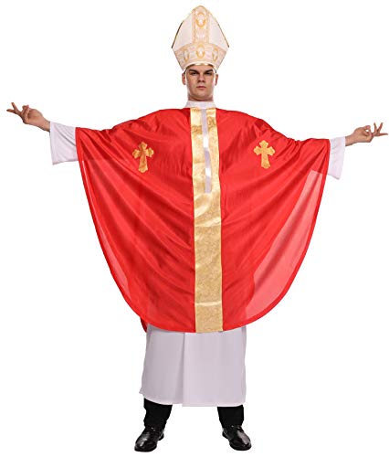 Maxim Party Supplies Adult Pope Halloween Costume Biblical Catholic Cardinal Bishop Outfit for Men Includes White Robe, Red Papal Poncho, Hat