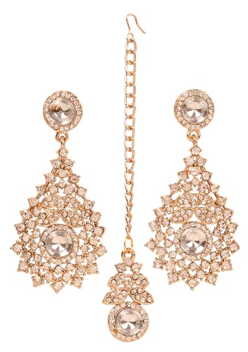 NEW! Touchstone Indian Bollywood Exotic Petals Studded Diamond Look Sparkling Rhinestone Designer Jewelry Chandelier Earrings Mangtika Head Accessory Combo In Gold Tone For Women.