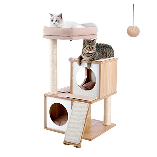 PAWZ Road Cat Tree 35 Inches Wooden Cat Tower with Double Condos, Spacious Perch, Fully Wrapped Scratching Sisal Posts and Replaceable Dangling Balls-Walnut