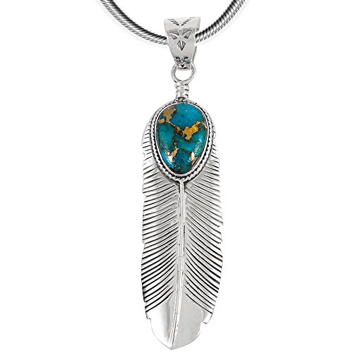 Turquoise Feather Pendant Necklace in Sterling Silver 925 & Genuine Turquoise (20' Length) (LARGE Matrix Turquoise)