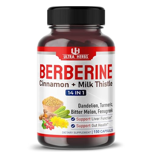 ULTRA HERBS Premium Berberine 12,200MG with Cinnamon, Milk Thistle *USA Made & Test* Promotes Liver Function, Gut Health, Immunity (150 Count (Pack of 1))