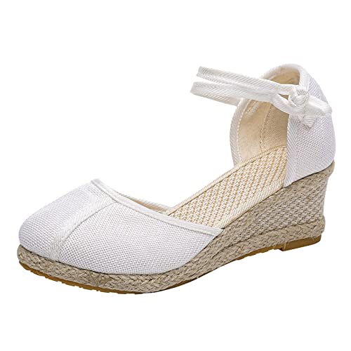 Wrapped Wedge Espadrilles Sandals For Women Comfy Ankle Strap Mid Heel Wedges Casual Summer Closed Toe Casual Shoes White_03, 8