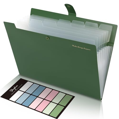 SKYDUE Expanding File Folders with 8 Pockets, Accordion File Organizer with Labels, Portable Paper Bill Receipt Organizer, Letter Size, Home School Office Supplies, Olive Green