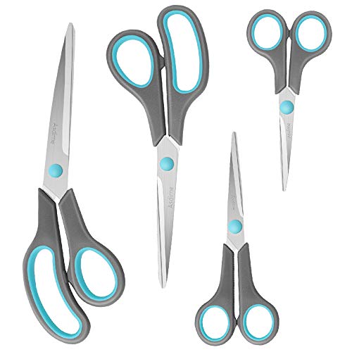 Asdirne Scissors Set of 4, Premium Stainless Steel Razor Blades, Ergonomic Semi-Soft Rubber Grip, Suitable for School, Office and Family Daily Use, 9.6''/8.5''/6.4'/5.4', Blue&Gray