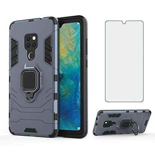 Phone Case for Huawei Mate 20 with Tempered Glass Screen Protector Cover and Magnetic Ring Holder Stand Kickstand Slim Hard Cell Accessories Huwai Hwauei Hawaii Mate20 P20 Boys Women Girls Cases Blue